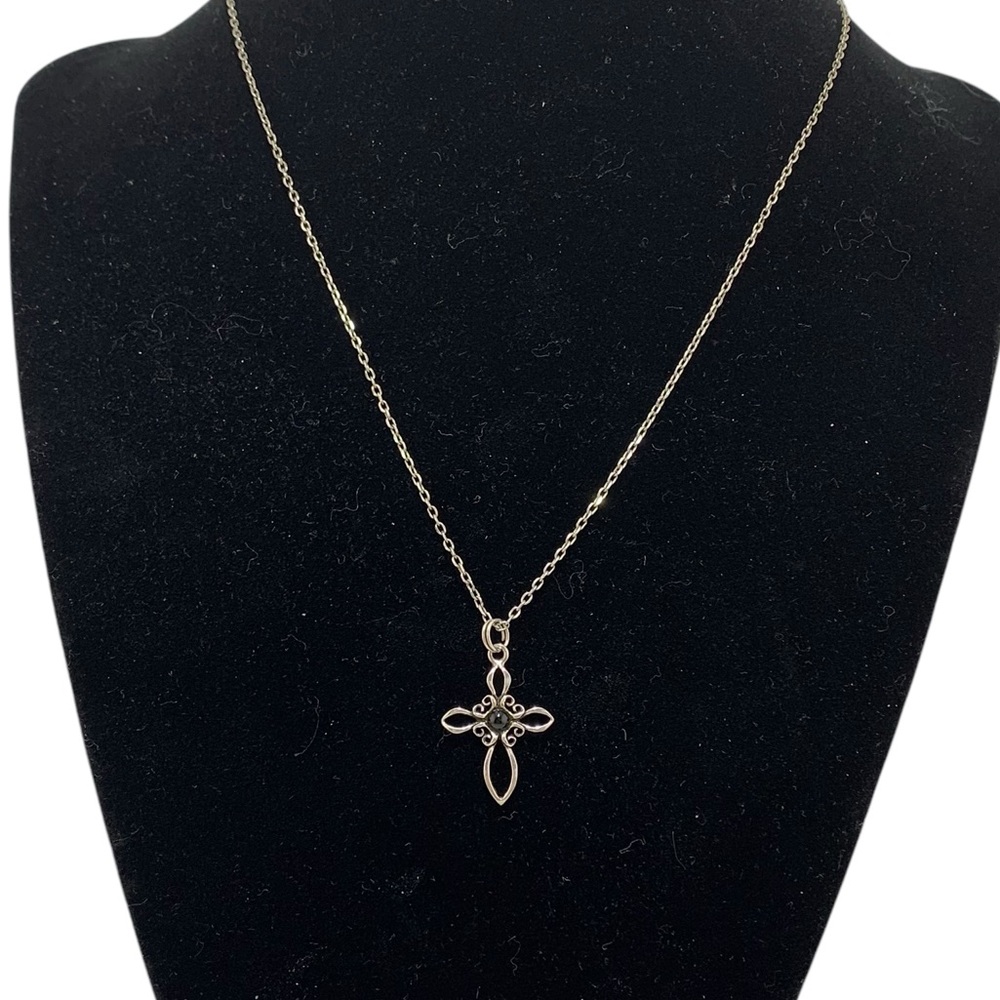 JER 3/4" CHRISTIAN Cross Crucifix Chain Sterling Silver 925 Black Glass VTG 18"